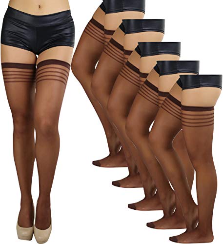 Image of ToBeInStyle Women's Pack of 6 Top Stripe Band Sheer Thigh High Stockings