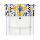 Kaifanee Short Rod Pocket Curtain Valance,Watercolor Bohemian Style Blue and Yellow Mandala Window Treatment Decor Curtains for Kitchen Living Room, Bedroom, 1 Panel, 54' W x 18' L