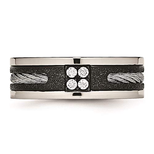 Stainless Steel Polished Black IP Laser Cut w/Cable Inlay & CZ 8mm Band Size 11