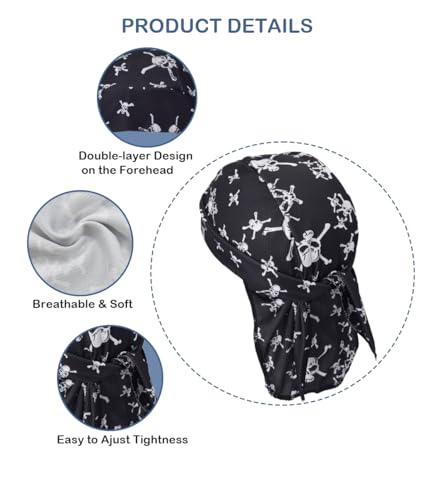 SRLLBBY Sweat Wicking Do Rags Skull Caps, Cooling Hip Hop Hat, Beanie Durag Motorcycle Head Wrap Doo Rag Liner for Men Women (Skull Union)