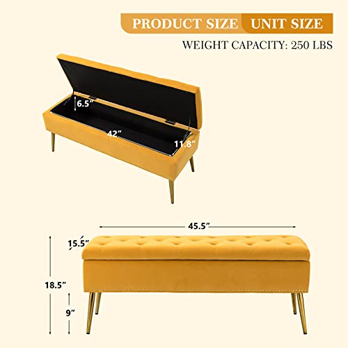 Image of HULALA HOME Modern Velvet Storage Ottoman with Gold Base & Nailhead Trim, Upholstered Bedroom Bench for End of Bed, Button-Tufted Footstool for Entryway Living Room Dining Room, Mustard