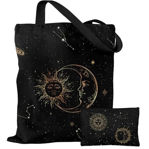VeloKomo Witchy Gifts for Women - Sun and Moon Tote Bag with Makeup Bag Set