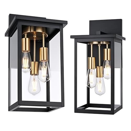MELUCEE 16.5" Large Outdoor Wall Lanterns 2 Pack in Black Brass, 3 Light Modern Farmhouse Exterior Lighting Fixtures with Clear Glass Waterproof Outside Sconce for Garage Porch Patio House by MELUCEE - Used condition - US$246.99
