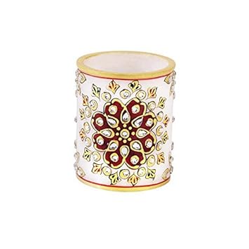 Handicrafts Paradise Kundan Work Marble Pen Stand (6.3 cm x 6.3 cm x 7.65 cm),Multicolor