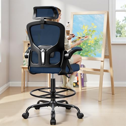 Image of Drafting Chair, Tall Office Chair for Standing Desk, Ergonomic High Back with Headrest, Lumbar Support, Foot Ring and Flip-up Armrests, Navy Blue