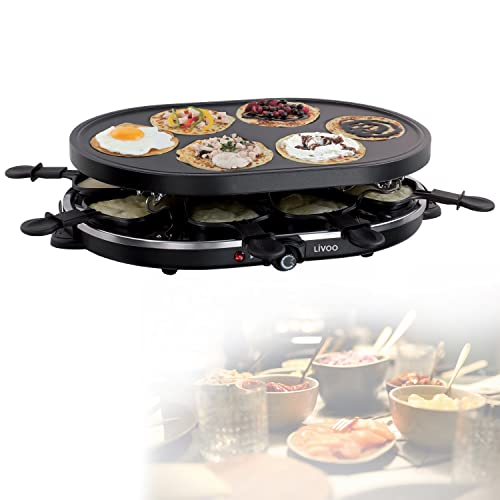Raclette Grill 8 Personen Grillplatte Tischgrill Elektrogrill Grillplatte Oval (8 Pfännchen, 1200 Watt, Antihaftbeschichtung, Party Grill, Crepe Maker) Cover