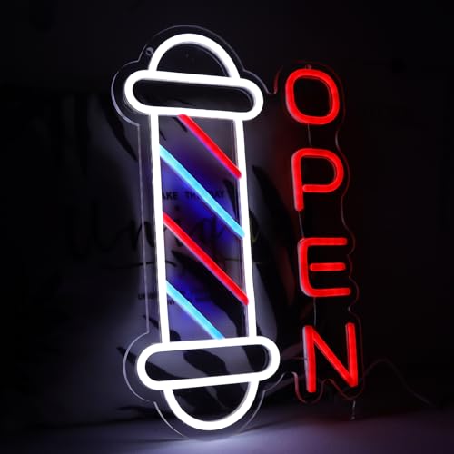 Image of Barber Shop Neon Signs for Wall Decor Open Neon Lights for Bedroom Led Signs Suitable for Barber Shops Hair Salon Art Unique Gift for Hairdresser 10.2 * 16.1 Inch(Red + Blue + White)