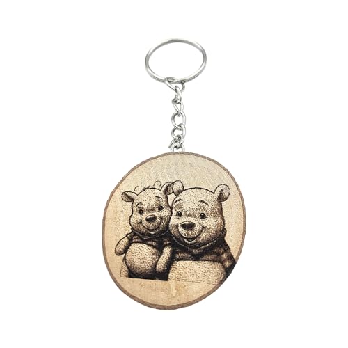 Promotech Porte-clés unique en bois gravé au laser l'ourson et son ami, Bois naturel, W5L5