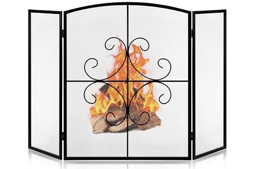 Gtongoko 3 Panel Fireplace Screen 48' W x 29' H Wrought Iron Decorative Fire Spark Guard Grate for...
