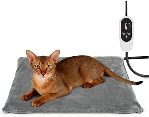 Haustier Heizkissen Katze Hund, Temperatur Einstellbar, 45 x 40 cm, Grau | 6 Temperaturstufen, Einstellbarer Timer, Weicher Flanellbezug, für Kleine Haustiere bis 7 kg, 55 W Max, I