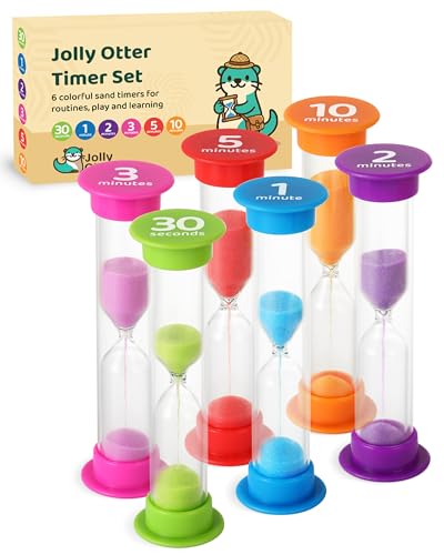 Jolly Otter Sand Timer for Kids - Pack of 6 Hourglass Timers 30 Second, 1, 2, 3, 5 & 10 Minute Timer for Brushing Teeth, Games & More - Multi-Color Set Sand Timers for Classroom