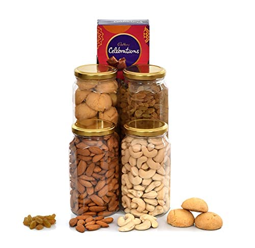 Image of NUTRI MIRACLE Rakhi Dry Fruit & Nut Gifts For Brother /Bhai /Family With Ethnic Rakhis,Almonds,Cashews,Raisins,Cookies,Celebrations N Tilak Kit,450gm