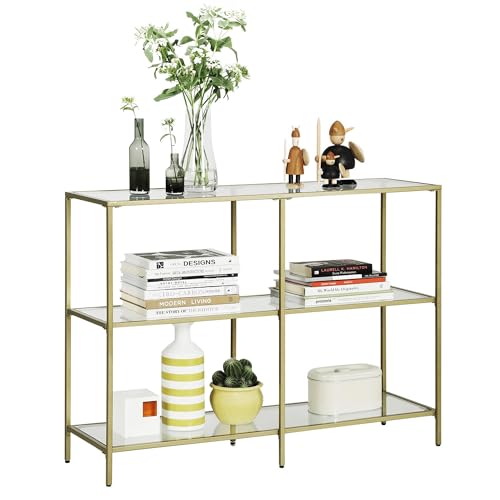 Image of VASAGLE Console Table, Entryway Cabinet, 3 Tier Shelf, Tempered Glass, 100 x 30 x 73 cm, Metal Frame, Modern Style, Hallway, Living Room, Bedroom, Gold LGT27G