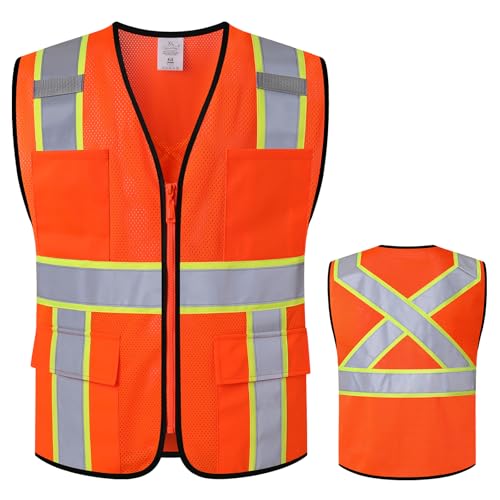 Image of Class 2 Safety Vest with Zipper Front and multiple Pockets, High Visibility Vest, Meets ANSI /ISEA Standards