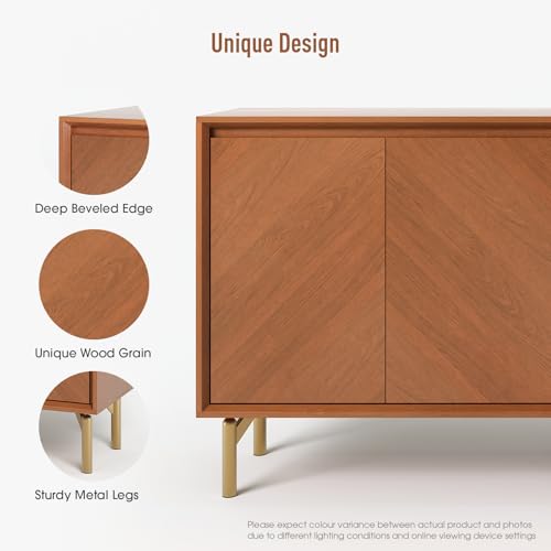 Image of 59 inch Sideboard Buffet Cabinet with Storage, Mid Century Modern Accent Cabinet with Herringbone Doors & Adjustable Shelves, Decorative Media Console Credenza for Living Room Kitchen Entryway, Red Walnut