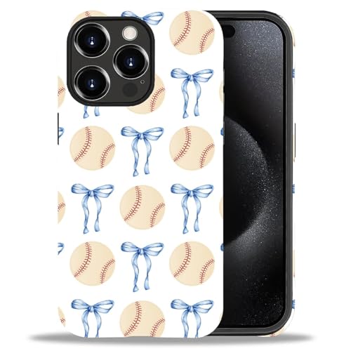 yicomon Compatible with iPhone 15 Pro Case, Baseball Blue Bow Pattern Print Matte Phone Case Durable Fashion Funny Liquid Silicone Case Soft Anti-Scratch Shockproof Protective Cover
