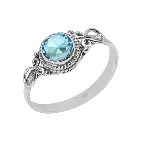Blue Topaz Stone Ring, Handmade 925 Sterling Silver Rings For Women Girls, Natural Gemstone Ring Us Size 7 Solitaire Ring, Round Stone Ring, Minimalist Birthstone Gift Jewelry For Her #TOP7