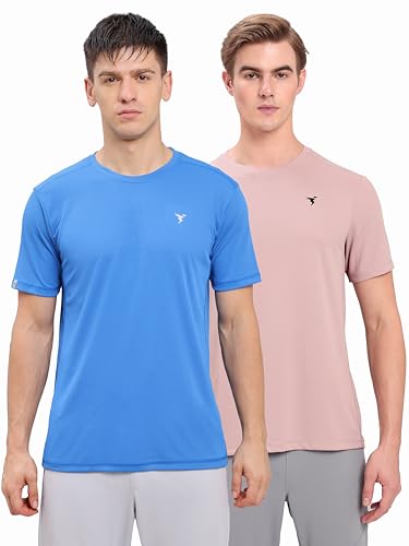 Image of TECHNOSPORT Men's 100% Polyester Slim Fit Solid Short Sleeve T-Shirt for Gym, Workout, Sports and Regular Use - Pack of 2