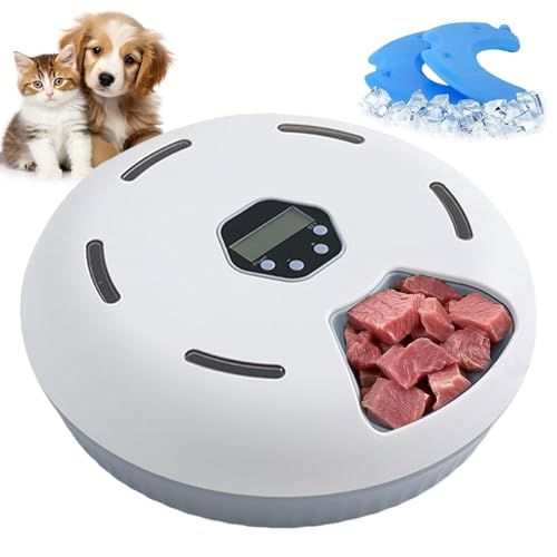 Polegas Automatic Cat Feeder with Timer,Stainless Steel Bowl and Ice Packs,Greyish-white Pet Feeder for Wet and Dry Food,6 Portions for Cats and Small Dogs