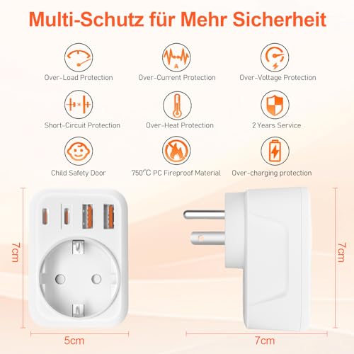 USA Adapter Steckdose, 5-In-1 Adapter USA Deutschland Stecker mit 1 AC 2 USB-C 2 USB-A (3.4A), EU to US Reiseadapter für Amerika Kanada Thailand Mexiko (White/Typ B)