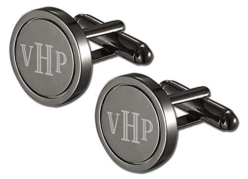 Visol Personalized Gunmetal Stainless Steel Round Ring Cufflinks with Free Laser Engraving (Roman Monogram) - Thumbnail 2