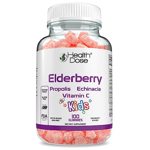 Health Dose Elderberry Sambucus Gummy Vitamins Kids 100 Gummies. With Propolis Extract, Echinacea, Vitamin C, Yummy Raspberry Flavor, Vegan - Gluten-Free, Defense, Immune Support Booster. #TOP25