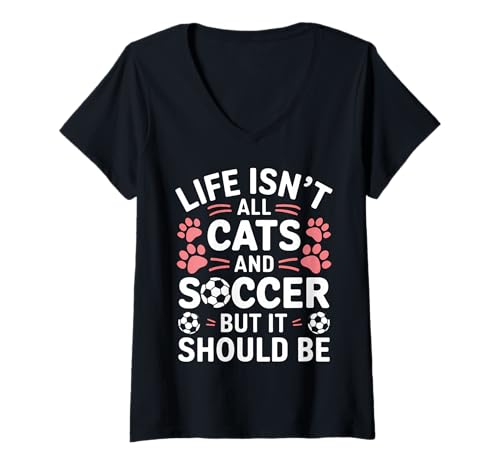 Womens Cats And Soccer Funny Soccer V-Neck T-Shirt