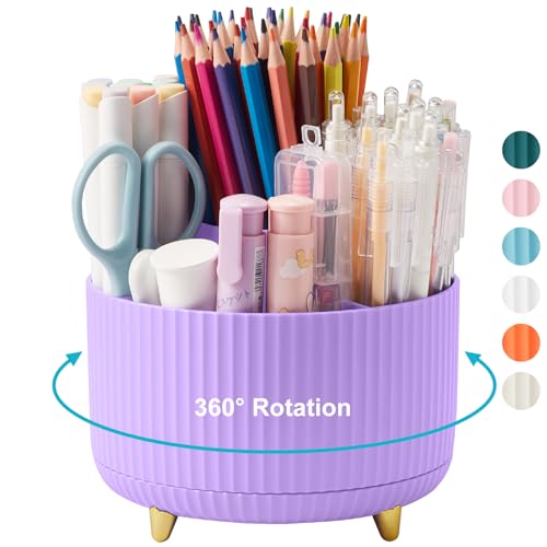 Image of 360 Rotating Plastic Desk Pen Organizer with 5 Slots, Dual-Purpose Art Supply Pencil Cup for Office, School, Home Light Purple
