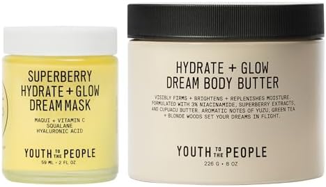 Radiant Skin Face + Body Moisturizer Duo, Vegan Skincare Bundle Set for All Day Glow, Superberry Hydrate + Glow Overnight Face Mask (2oz) + Dream Scented Body Butter (8oz)