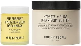 Radiant Skin Face + Body Moisturizer Duo, Vegan Skincare Bundle Set for All Day Glow, Superberry Hydrate + Glow Overnight Face Mask (2oz) + Dream Scented Body Butter (8oz)