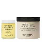 Youth To The People Radiant Skin Face + Body Moisturizer Duo, Vegan Skincare Bundle Set for All Day Glow, Superberry Hydrate + Glow Overnight Face Mask (2oz) + Dream Scented Body Butter (8oz)