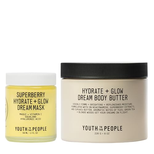Youth To The People Radiant Skin Face + Body Moisturizer Duo, Vegan Skincare Bundle Set for All Day Glow, Superberry Hydrate + Glow Overnight Face Mask (2oz) + Dream Scented Body Butter (8oz)