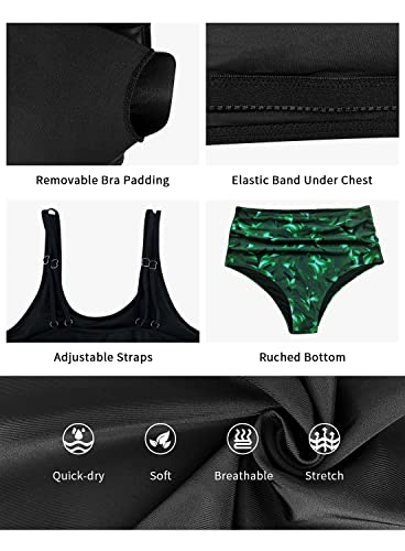 Superprity Tankini Swimsuits For Women Ruched Padded Bathing Suit - L, Black Leaf #TOP5