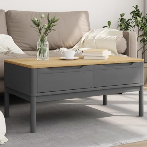 Grey Solid Pine Wood Coffee Table with Two Drawers, 39