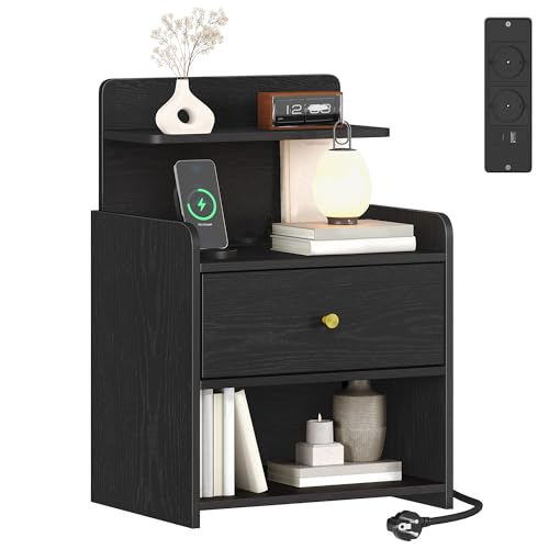 HEXCELEN Nachttisch, Beistelltisch mit 1 Schublade und 2 offenen Fächern, Nachtschrank, Sofatisch, Platzsparend, für Schlafzimmer, Wohnzimmer, Modern, Schwarz