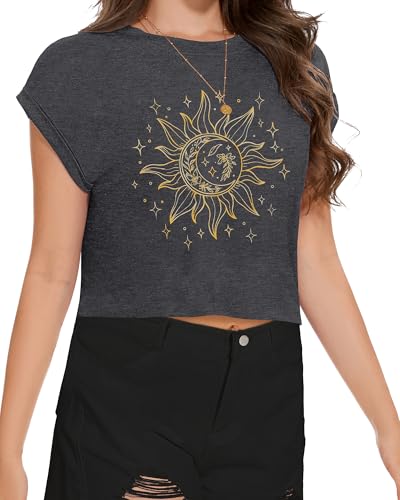 Image of Womens Crop Tops Summer Roll Cap Sleeve Cropped Tshirt Loose Fit Basic Tees