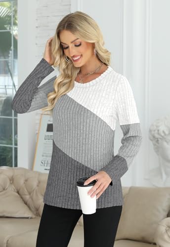 AYIFU Womens Color Block Tops Lightweight Sweaters Casual Long Sleeve Tunic Tops Trendy Crewneck Pullover Shirts3