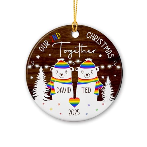 Personalized Couple Polar Bear Gay Pride LGBT Ornament Christmas 2025, Our Second Christmas Together Ceramic Ornaments, Custom Names Polar Bear Couple LGBT Ornament for Anniversary, Xmas Tree Decor