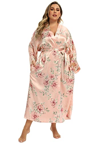 Image of Women's Floral Long Satin Robes Plus Size Long Silk Robes Peacock Floral Kimonos Sleepwear Dressing Gown