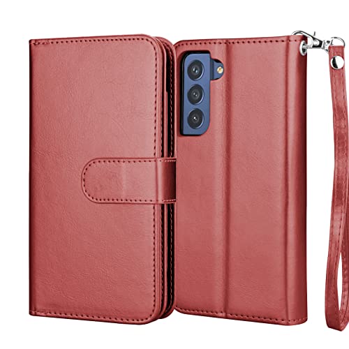 Njjex Galaxy S21 FE 5G Case, for Samsung S21 Fan Edition/ S21 FE 5G Wallet Case, [9 Card Slots] PU Leather ID Credit Holder Folio Flip [Detachable] Kickstand Magnetic Phone Cover & Lanyard [Wine Red] - Thumbnail 7