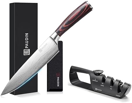 PAUDIN Chefs Knife, 7.9 inches 200 mm, Sheath Included, Wooden Handle + Knife Sharpener, Manual 3 Levels, No Sharpening Stone, Compatible with Knives, Scissors, Knives