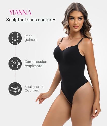 YIANNA Body Gainant Femme Ventre Plat Gaine Amincissante Sculptant String Shapewear Bodysuit Invisible Minceur Culotte Shaper Noir L - XL 5215