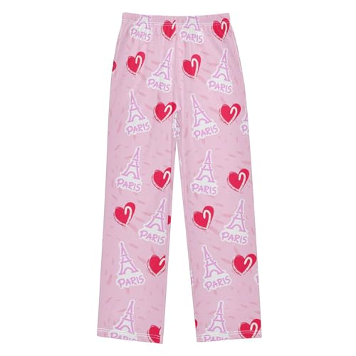 Eiffel Tower and Love Heart Boys Long Pants Soft Trousers Elastic Waist Kids Lounge Bottoms with Pockets S-XL