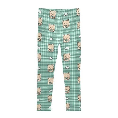 Cute Bear Green Plaid Girls Leggings Soft Stretch Workout Yoga Dance Pants for Kids Casual Tights2
