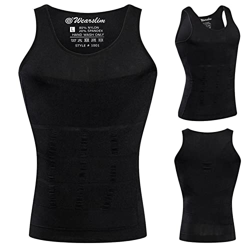 Image of Wearslim Men Compression Shirt For Workout Vest Abs Abdomen Slim Body Shaper Undershirt Slimming Shirt to Hide Gynecomastia Stretchable Tummy Tucker Vest - Pack of 2 - (Black & White)