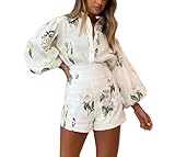 Molilove Womens 2 Piece Outfit Hawaiian Long Sleeve Button Down Shirt and Shorts Tracksuit Lounge Set,Beige,Large