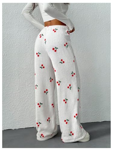 Women's Cherry Graphic Lounge Pants Y2k Fuzzy Drawstring Waist Straight Leg Casual Trousers2