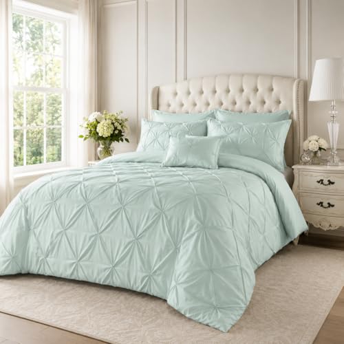 Image of EXQUIZIT HOME Duvet Quilt Cover Pin Tuck Pinch Pleat Alexander Alford Reversible Diamond Bedding Set With Matching Pillowcase Duck Egg Single 137cm x 200cm Approximate