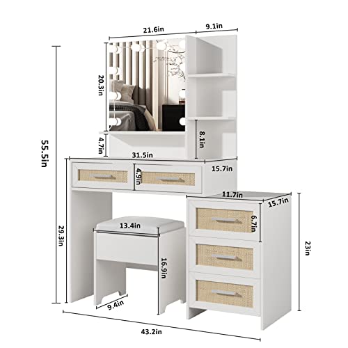 Maupvit Vanity Desk With Mirror And Lights, White Vanity With Bedside Table, 5 Drawers Large Capacity, Metal Silver Handle, Makeup Vanity With 10 Led Lights, Vanity Set With Cushioned Stool (White) #TOP4