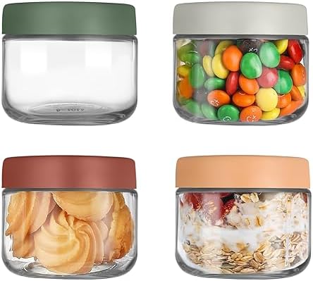 YUEYEE 4 Pack 10 OZ Overnight Oats Gläser,Einmachgläser mit Schraubdeckel für Overnight Oats Salat Joghurt Pudding Chutney Dessertgläser,Wiederverwendbare Glasbehälter mit Deckel A